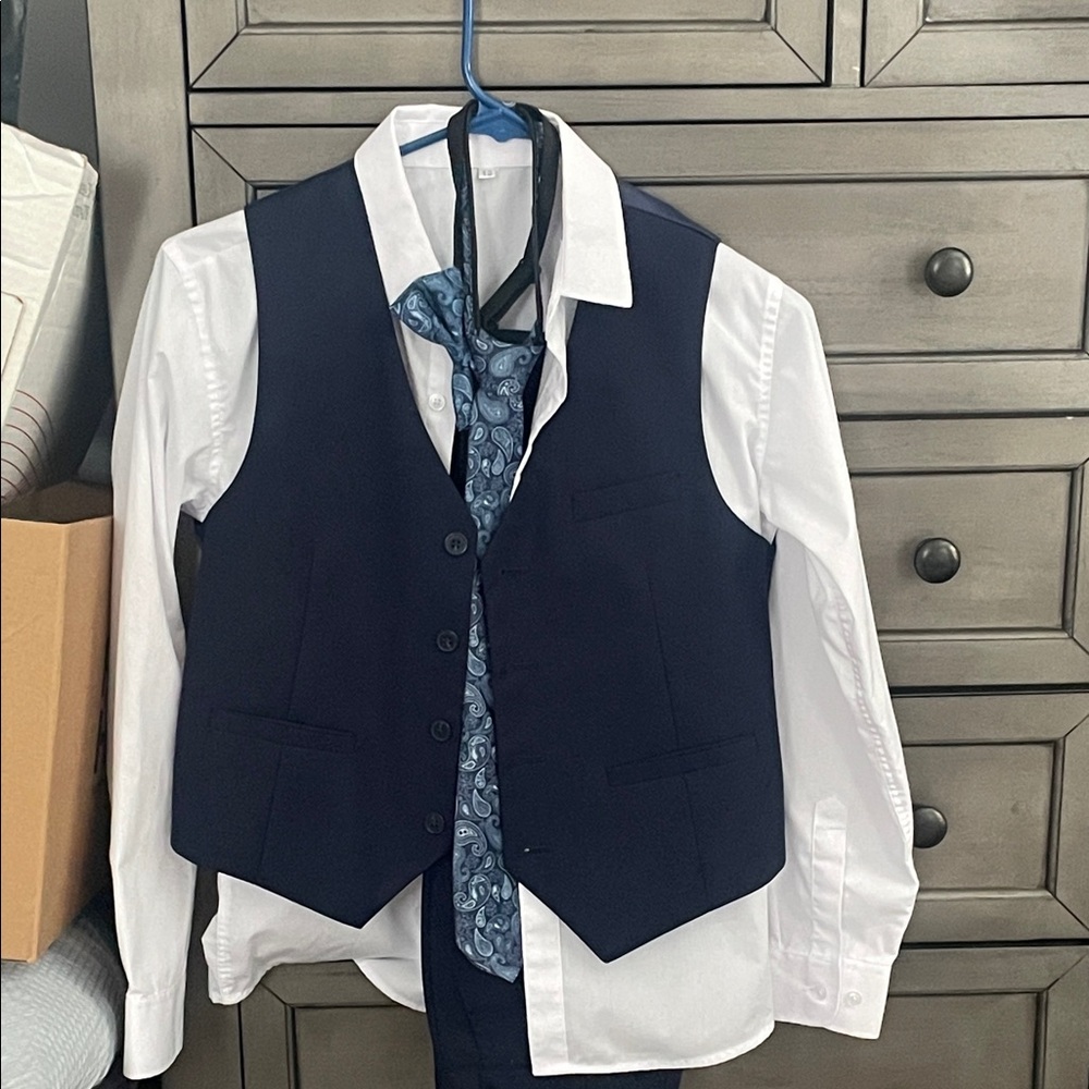 Amazon Boy’s Dark Blue Vest with White Shirt, Patterned Tie, Bow Tie and Pants
